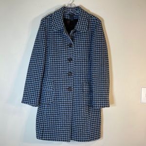 NWOT. Frenchi XL Wool Blend Tweed Houndstooth Trench Coat in Blue Brown.